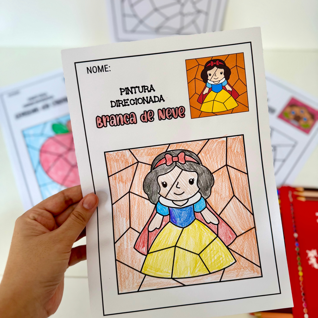 Atividades pintura direcionada tema Branca de Neve para trabalhar diversas habilidades com turmas da Educação Infantil.