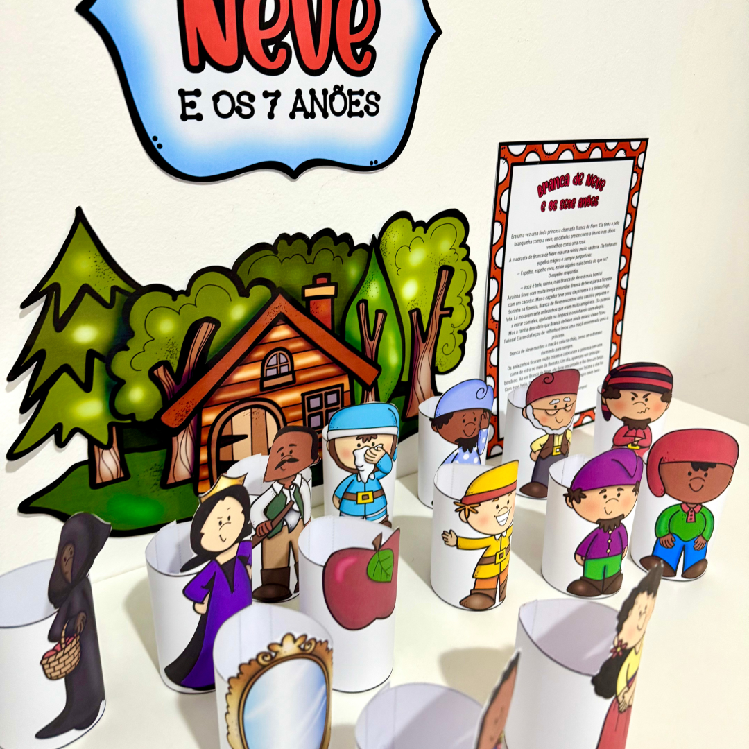 Kit Branca de Neve 3D para trabalhar diversas habilidades com crianças da Educação Infantil.