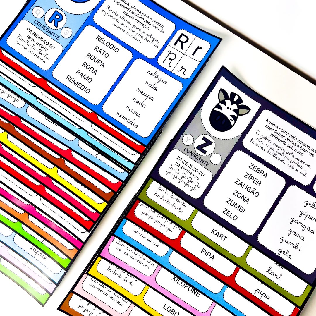 Fichas para trabalhar leitura de palavras de sílabas simples e complexas com letras de forma e cursiva.